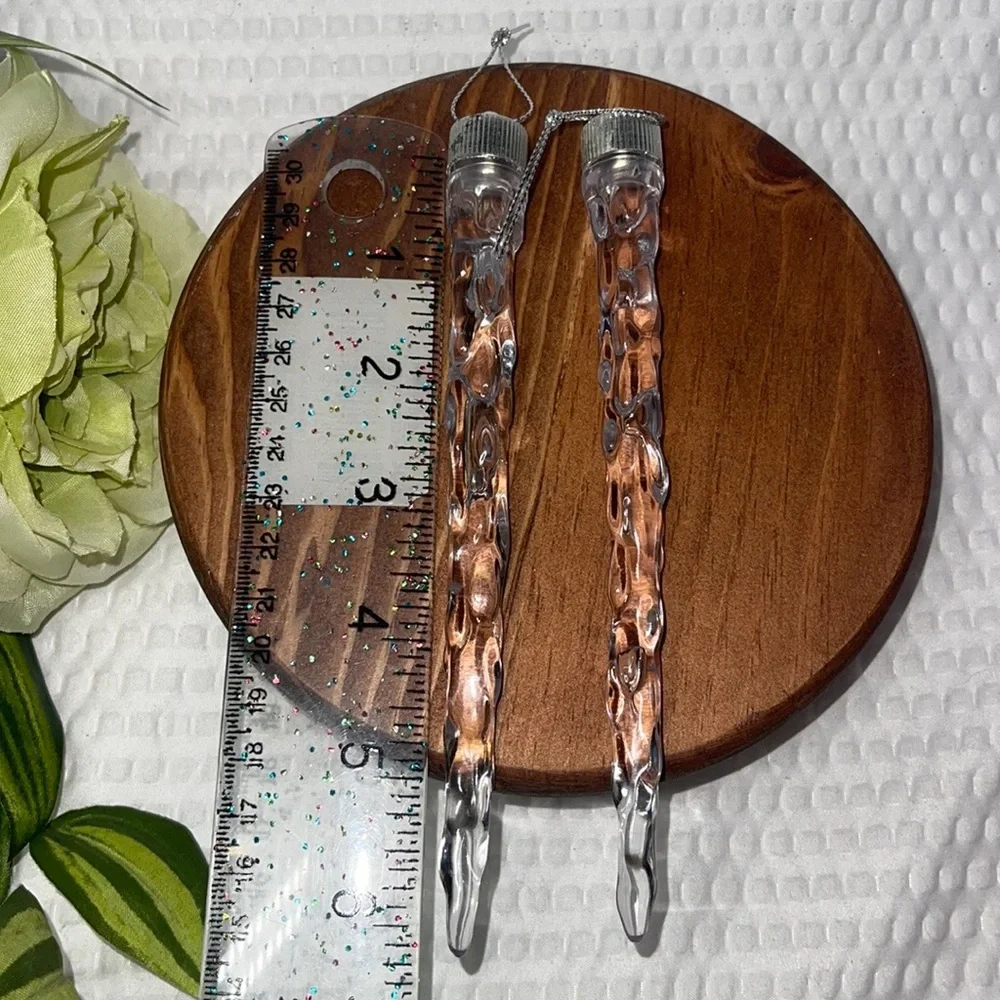2 VTG Acrylic Plastic Icicle Christmas Ornaments Clear White Iridescent Twist